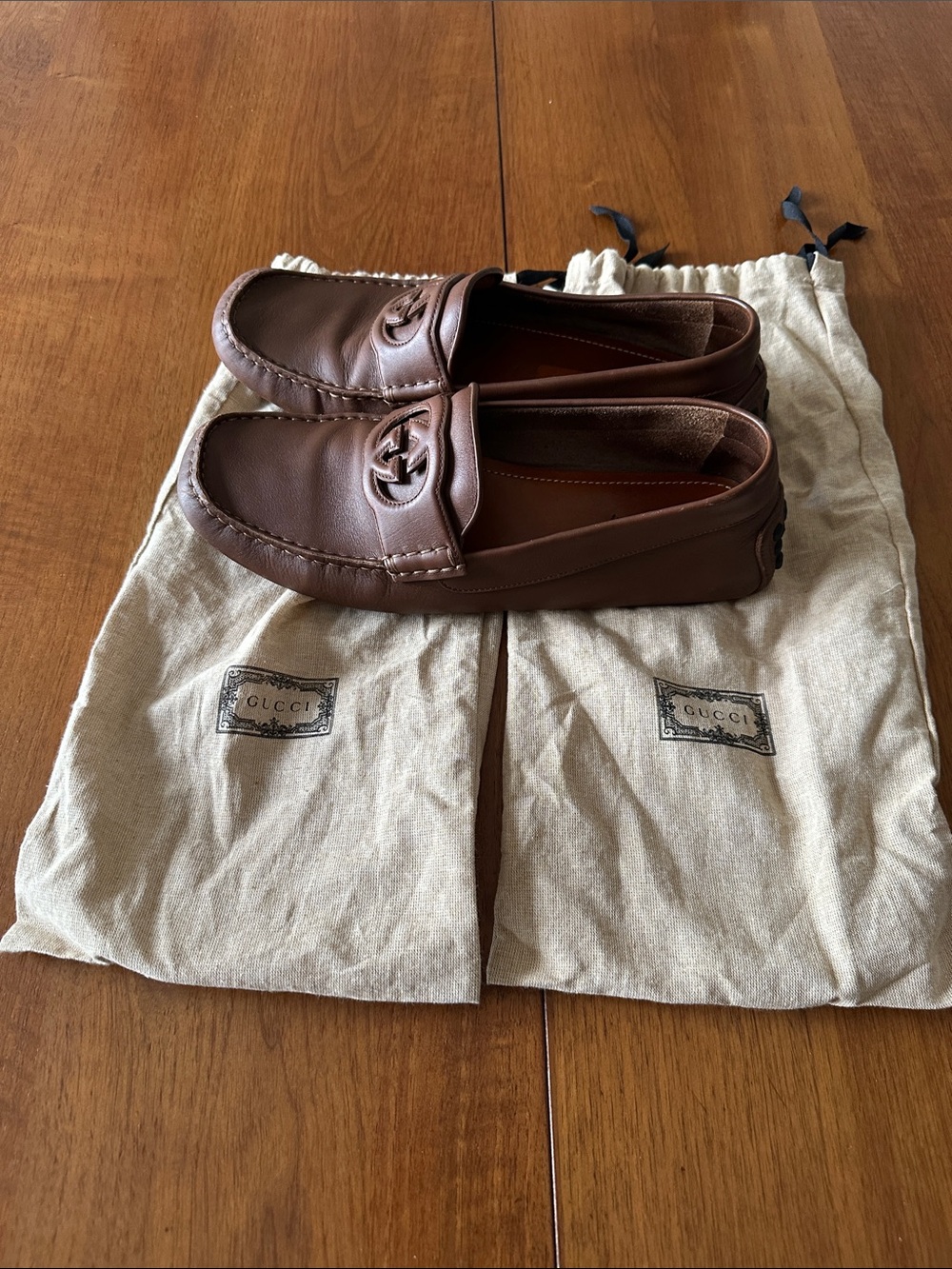 Men's Gucci Brown Leather Moccasin Loafers with Interlocking GG